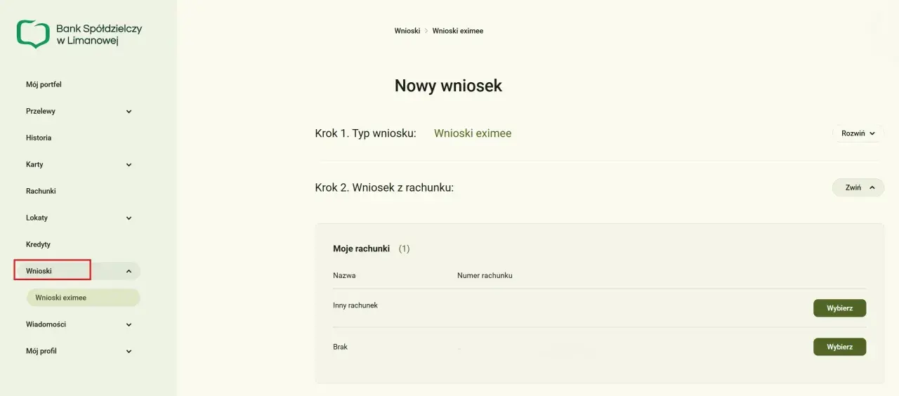 Wniosek eximee w Banku Spółdzielczym w Limanowej. Wybierz rachunek do wniosku 300 plus przez bank.
