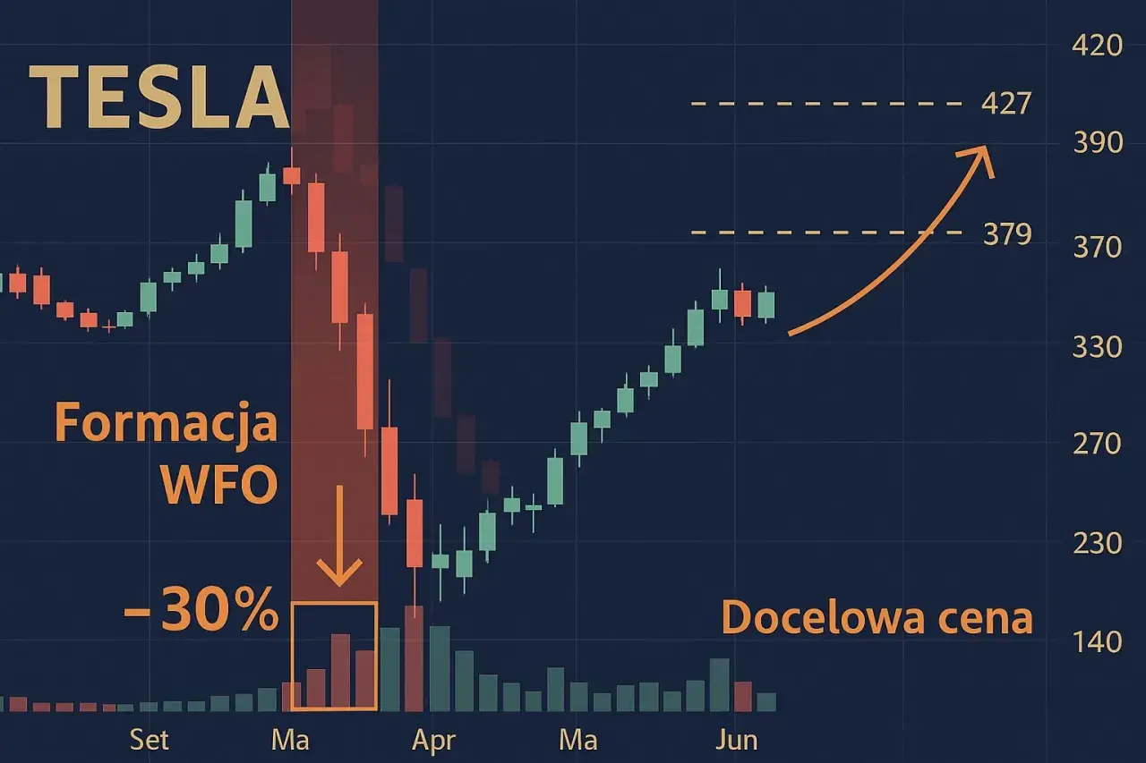 Wykres akcji Tesli: formacja WFO, spadek o 30%, docelowa cena 379. Trend wzrostowy po spadku.