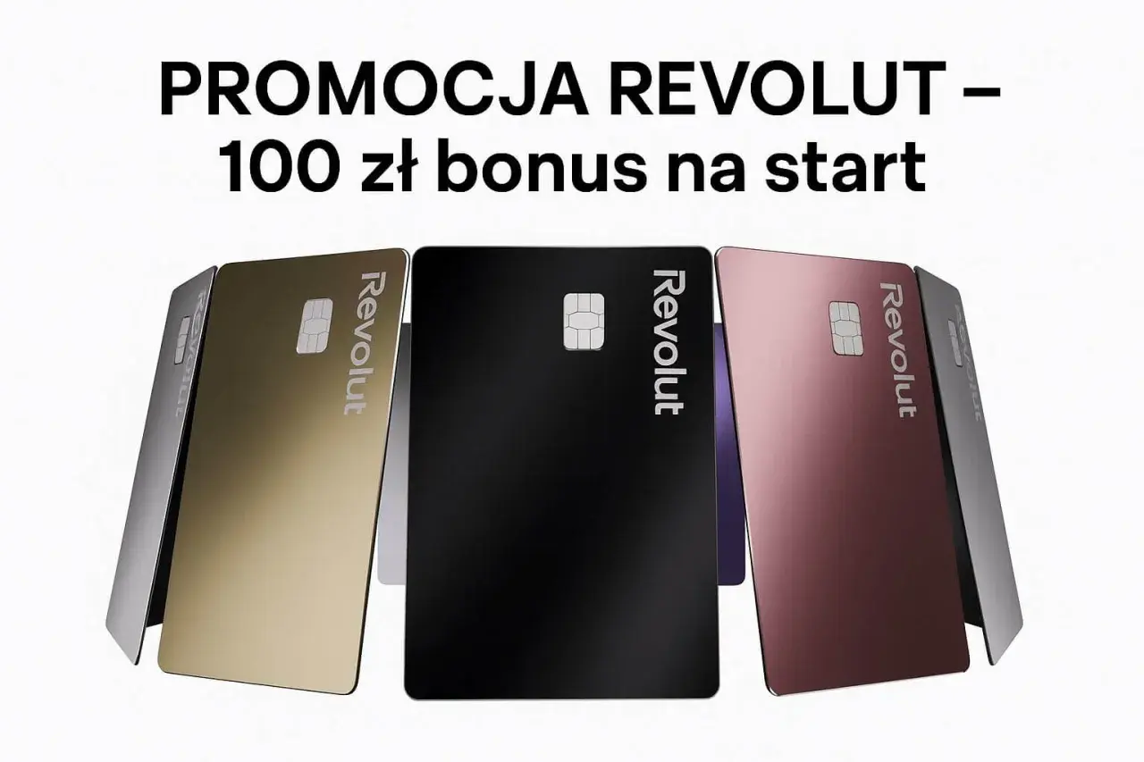 Promocja Revolut: 100 zł bonus na start. Złote, czarne i różowe karty Revolut.