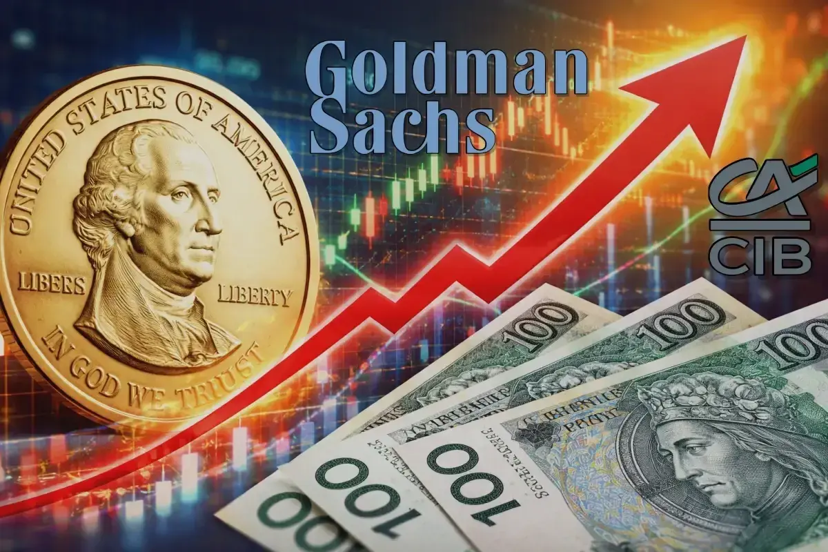 Złoty i dolar na tle wykresu giełdowego. Goldman Sachs analizuje, co z dolarem i polską walutą.