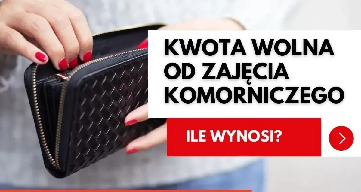 Dłonie z czerwonymi paznokciami otwierają portfel. Tekst: "Kwota wolna od zajęcia komorniczego. Ile wynosi?".