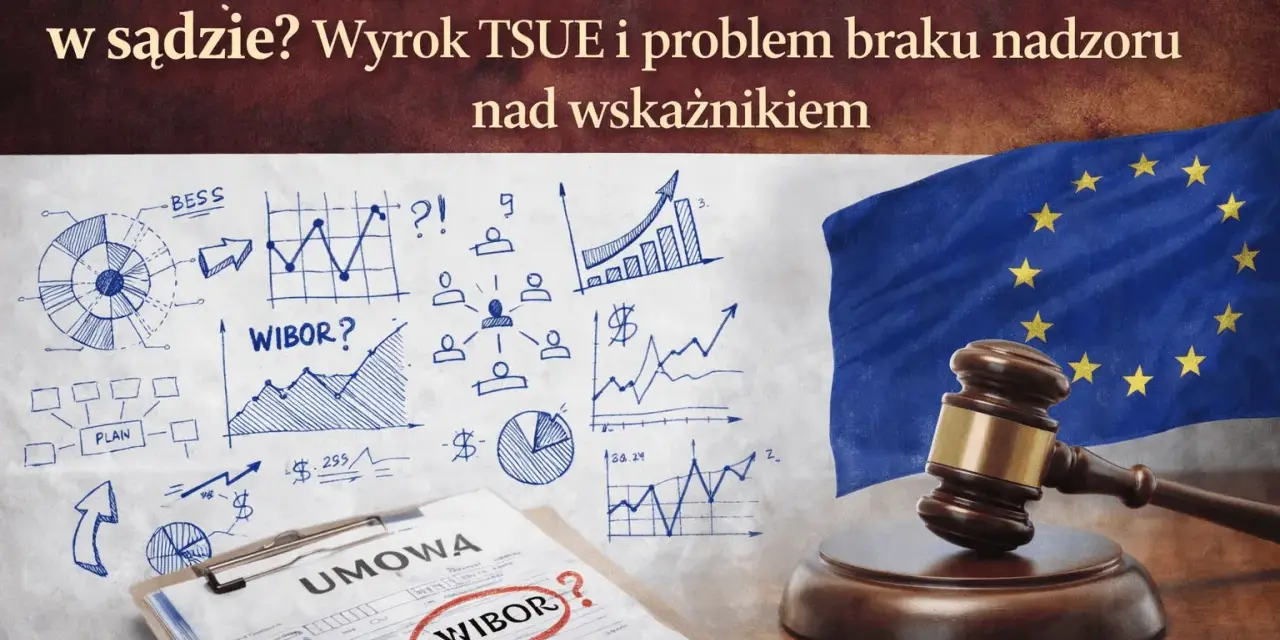 Wyrok TSUE w sprawie WIBOR. Grafiki finansowe, umowa z zaznaczonym WIBOR, młotek sędziowski i flaga UE sugerują spór prawny.