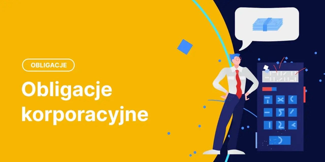 Biznesmen z kalkulatorem i myślą o pieniądzach. Tytuł: "Obligacje korporacyjne".