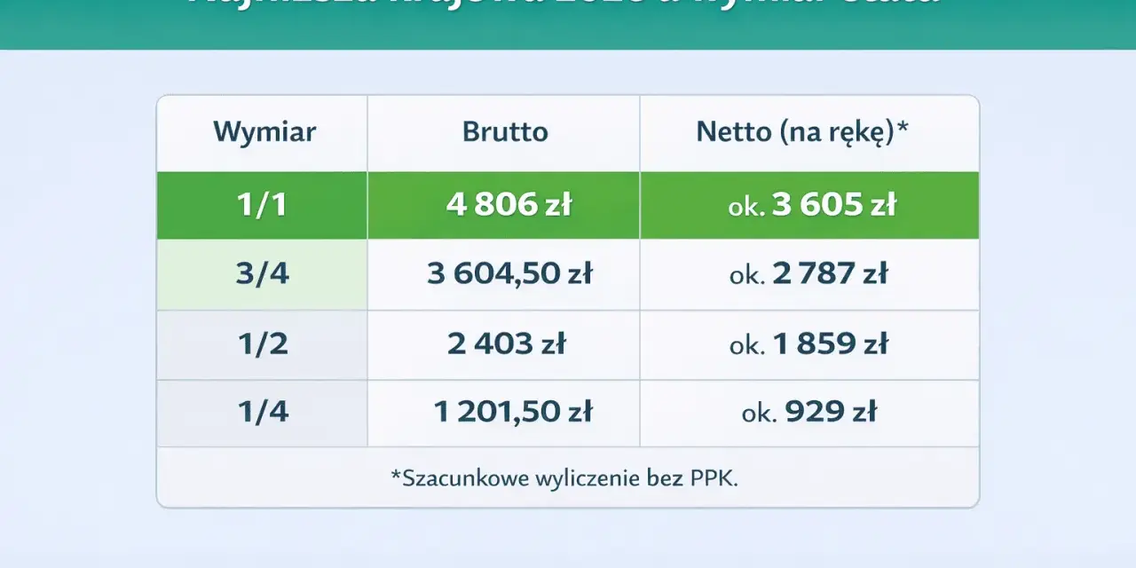 Tabela pokazuje najniższą krajową w Polsce w 2026 roku dla różnych wymiarów etatu: 1/1, 3/4, 1/2, 1/4. Podano kwoty brutto i netto.