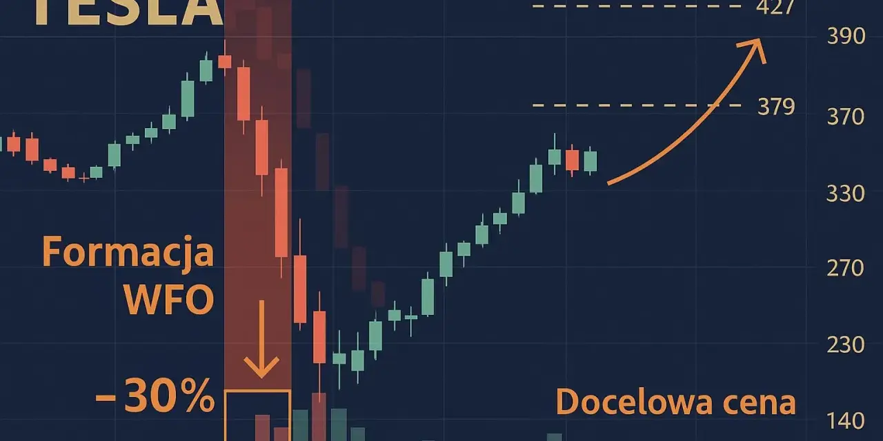 Wykres akcji Tesli: formacja WFO, spadek o 30%, docelowa cena 379. Trend wzrostowy po spadku.