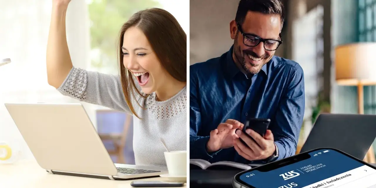 Kobieta cieszy się z sukcesu przy laptopie, mężczyzna sprawdza telefon z aplikacją ZUS. Marzenie o wakacjach od ZUS 2026 staje się realne!
