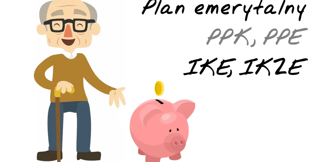 Uśmiechnięty starszy pan z laską i skarbonka pokazują, jak oszczędzać na emeryturę, wspominając o PPK, PPE, IKE i IKZE.