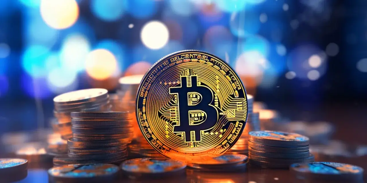 Złota moneta z symbolem Bitcoin na tle rozmytych świateł.