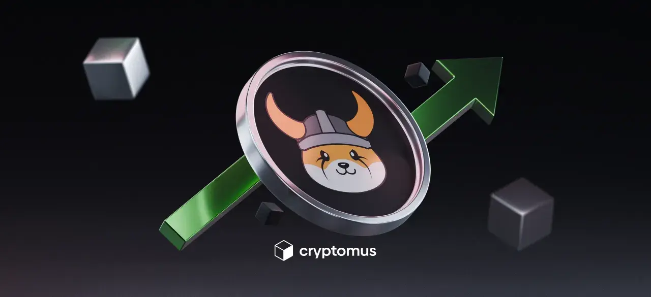 Floki Inu z zieloną strzałką wzrostu, symbolizującą sukces.