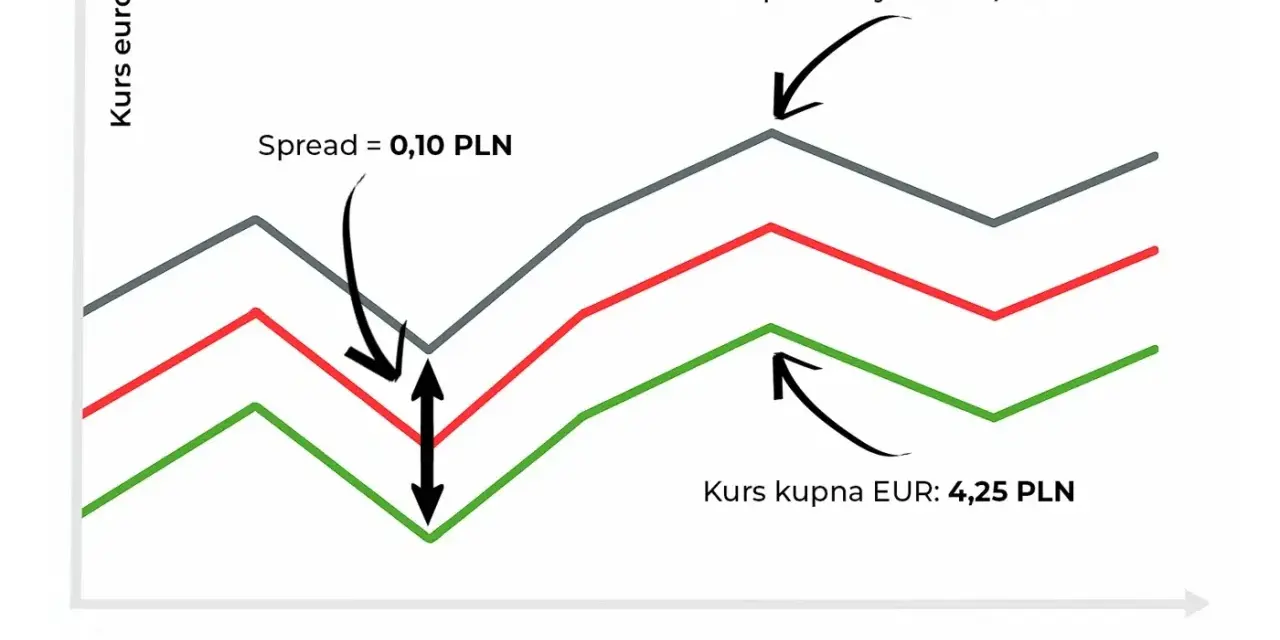 Wykres kursu euro pokazuje spread 0,10 PLN. Kurs sprzedaży EUR to 4,35 PLN, a kurs kupna EUR to 4,25 PLN.