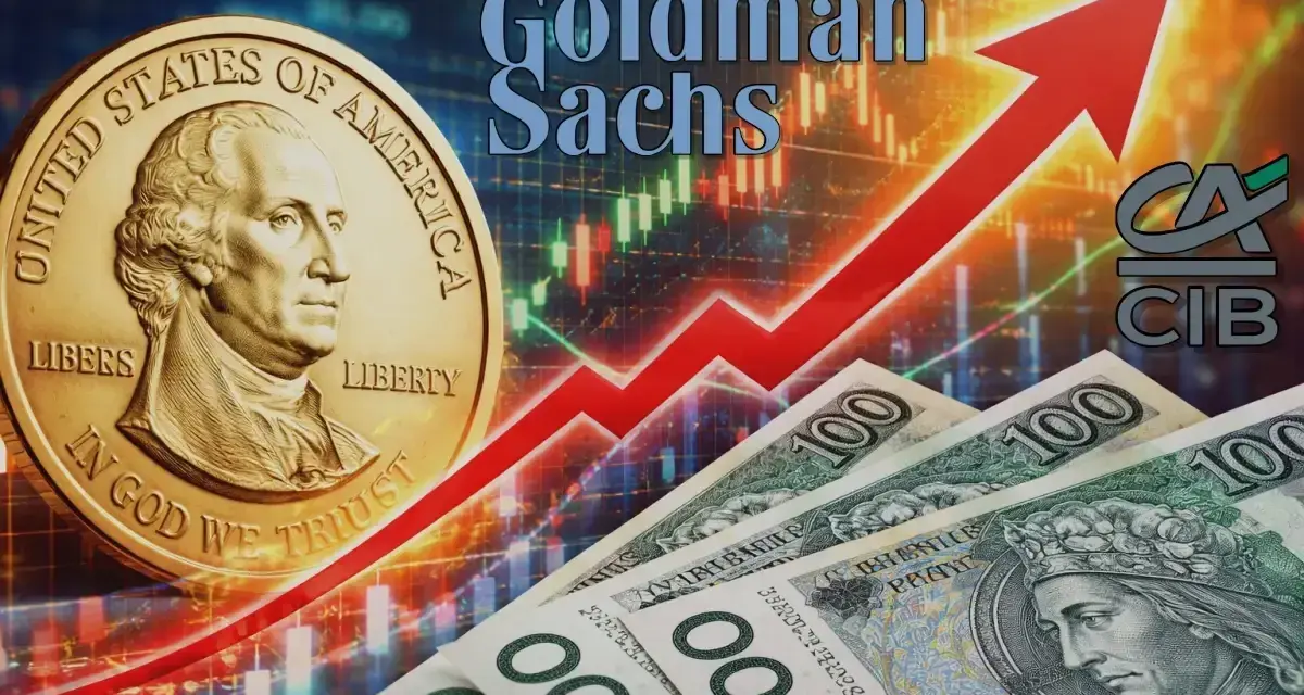 Złoty i dolar na tle wykresu giełdowego. Goldman Sachs analizuje, co z dolarem i polską walutą.