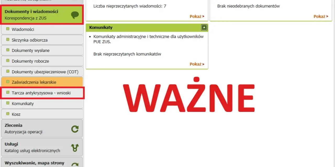 Panel Płatnika, zakładka "Dokumenty i wiadomości", sekcja "Tarcza antykryzysowa - wnioski". Możliwość złożenia wniosku o zwolnienie z ZUS.