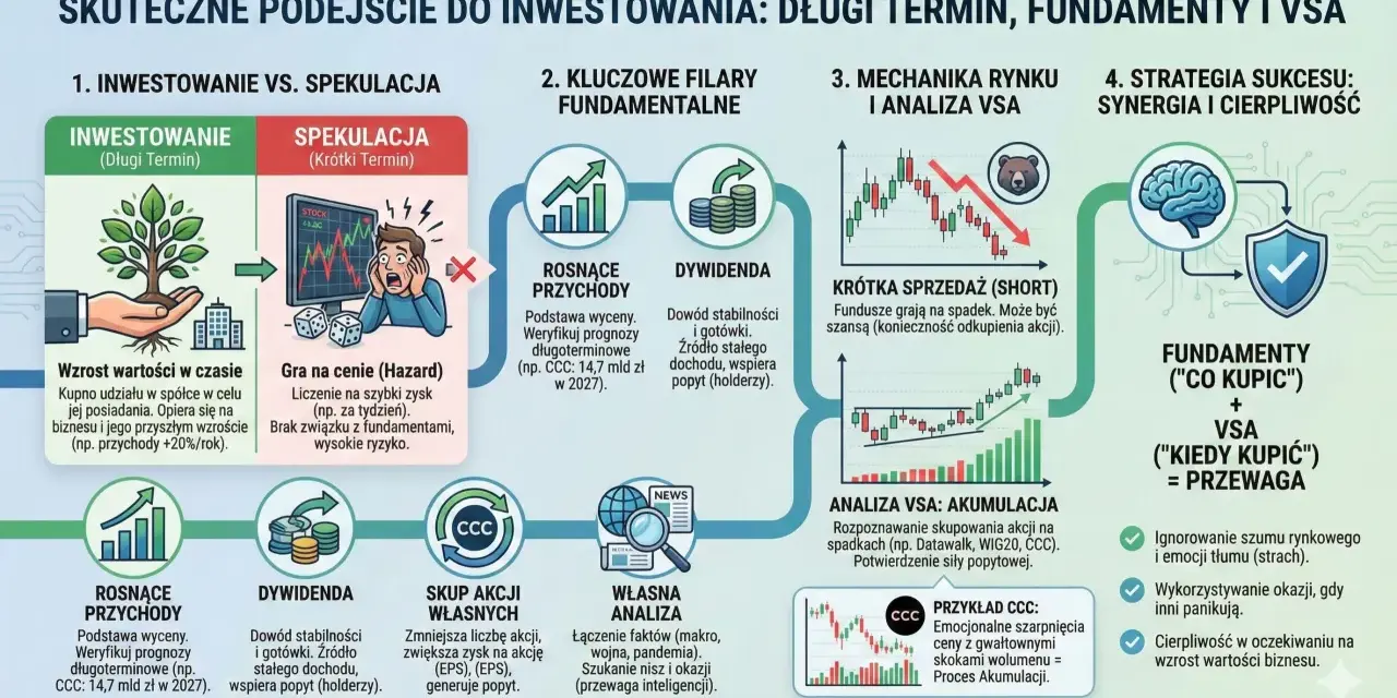 Schemat porównuje inwestowanie długoterminowe z krótkoterminową spekulacją, podkreślając znaczenie fundamentów i analizy VSA dla osiągnięcia przewagi, np. w przypadku akcji CCC.