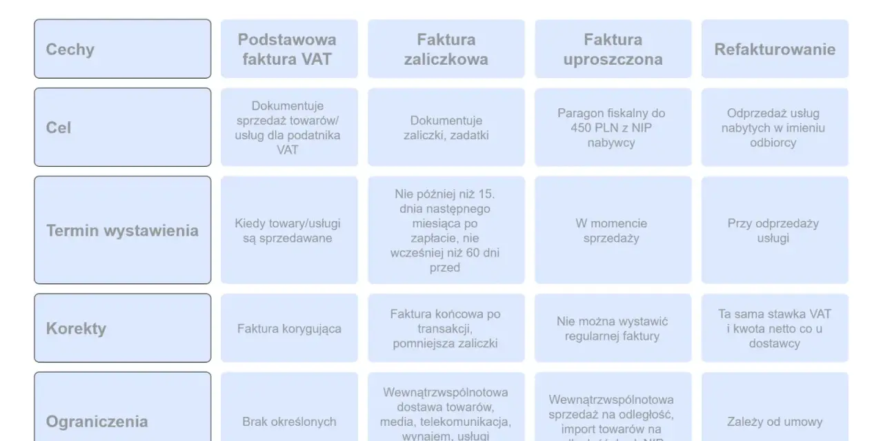 Porównanie dokumentów sprzedaży: termin wystawienia faktury zależy od jej rodzaju. Podstawowa faktura VAT wystawiana jest przy sprzedaży, zaliczkowa po zapłacie, a uproszczona w momencie sprzedaży.