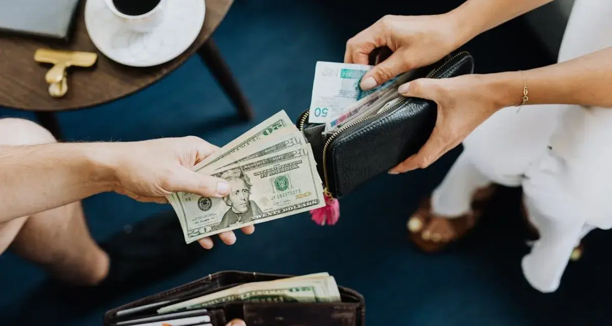 Dłonie przekazują sobie pieniądze. Jedna osoba daje banknoty dolarowe, druga wyciąga z portfela polskie złotówki. To jak wymiana walut, gdzie każda lira ma znaczenie.
