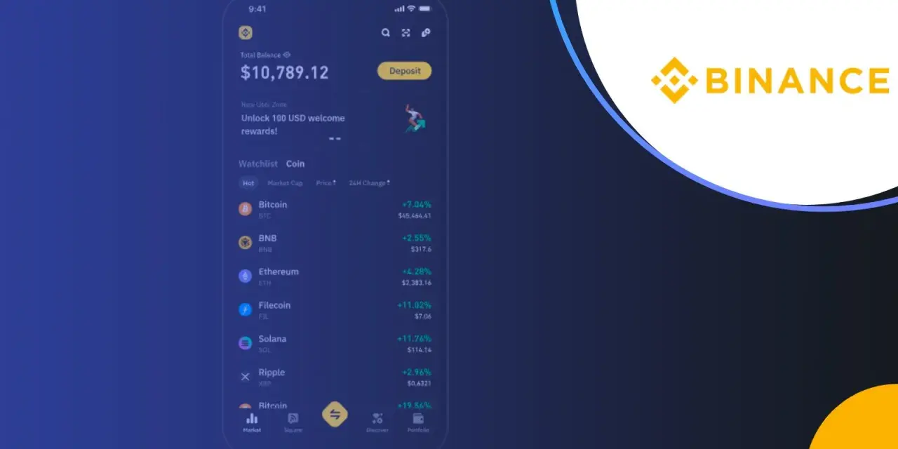 Aplikacja Binance pokazuje portfel z saldem $10,789.12, listę kryptowalut, w tym BNB, oraz logo Binance.