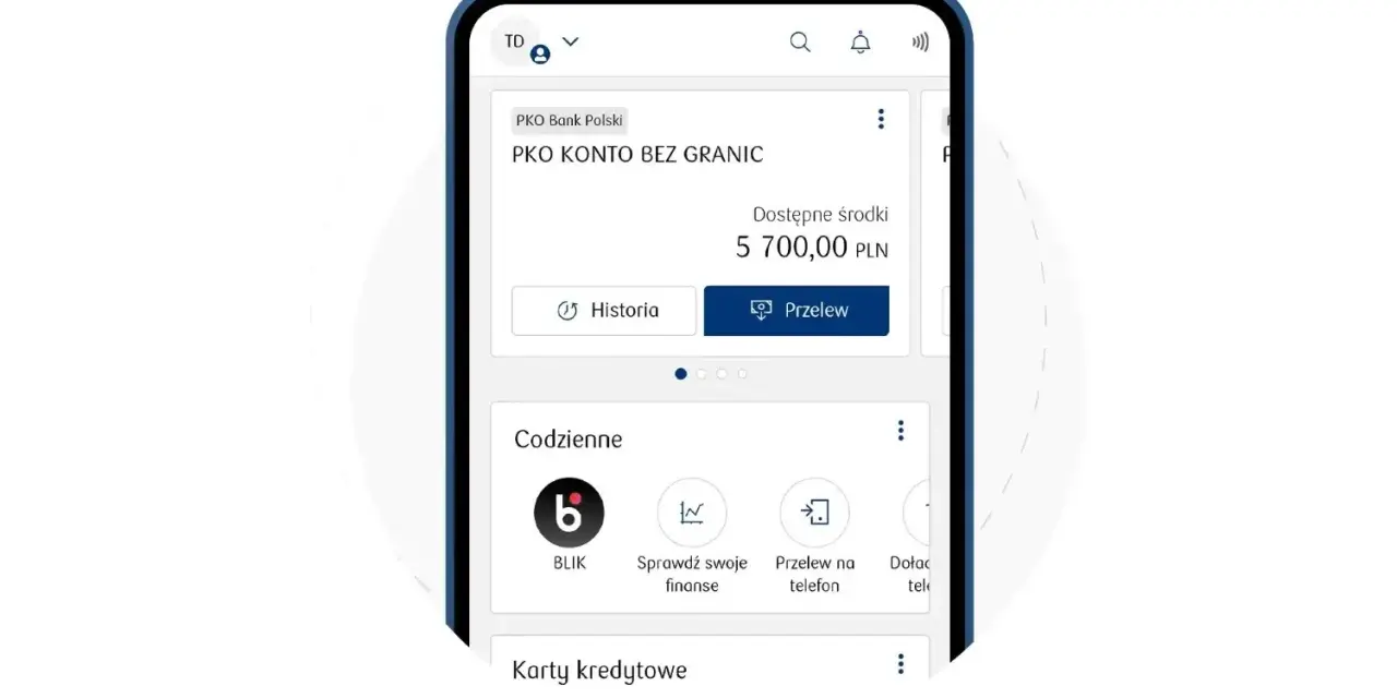 Aplikacja mobilna PKO BP. Widok konta z saldem 5700 PLN. Ikony BLIK, przelewy, historia. Dowiedz się, jak aktywować kartę PKO.