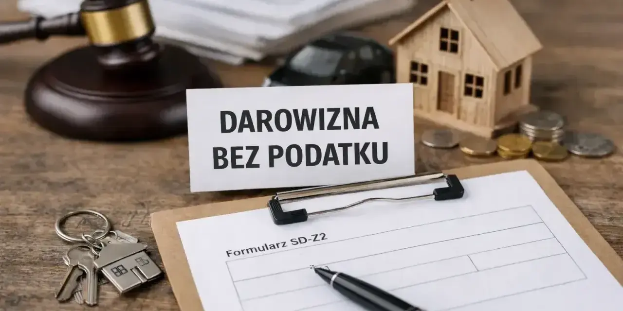 Formularz SD-Z2 czeka na wypełnienie. Klucze do domu, model domu i monety sugerują zgłoszenie darowizny bez podatku.