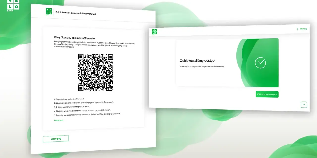 Proces weryfikacji w aplikacji mObywatel dla velobank aplikacja. Po udanej weryfikacji odblokowano dostęp do bankowości internetowej.