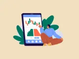 Mężczyzna analizuje wykresy na ekranie telefonu, być może akamai stock. Widoczne przyciski "Kup" i "Sprzedaj".