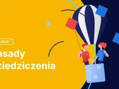 Dwie osoby w balonie unoszą się nad chmurami, symbolizując bezpieczeństwo i przyszłość. Temat: zasady dziedziczenia w fundusz emerytalny.