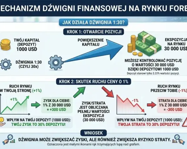Dźwignia finansowa 1:30 na Forex. 1000 USD depozytu pozwala kontrolować pozycję 30 000 USD. Ruch ceny o 1% to 30% zysku lub straty depozytu.
