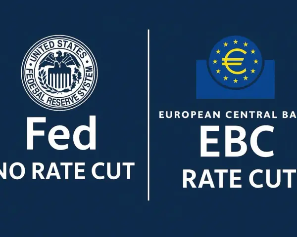 Porównanie polityki Fed (bez obniżki stóp) i Europejskiego Banku Centralnego (EBC) (obniżka stóp).