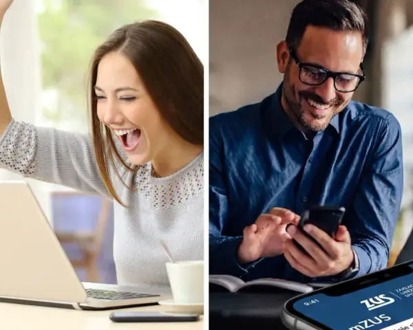 Kobieta cieszy się z sukcesu przy laptopie, mężczyzna sprawdza telefon z aplikacją ZUS. Marzenie o wakacjach od ZUS 2026 staje się realne!