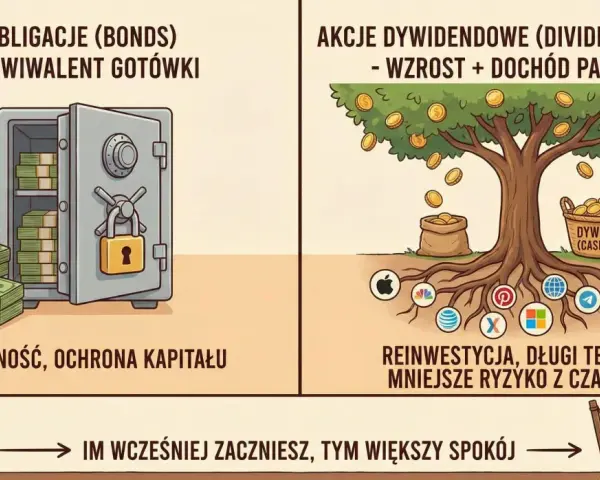 Bezpieczeństwo finansowe na emeryturę: sejf z obligacjami i drzewo dywidendowe symbolizują różne strategie inwestycyjne.