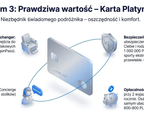 Grafika przedstawia platynową kartę płatniczą otoczoną ikonami symbolizującymi korzyści: salonik lotniskowy, usługę concierge, ochronę VIP i skarbonkę. Złota karta to klucz do podróżniczych udogodnień.