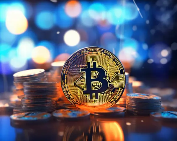 Złota moneta z symbolem Bitcoin na tle rozmytych świateł.