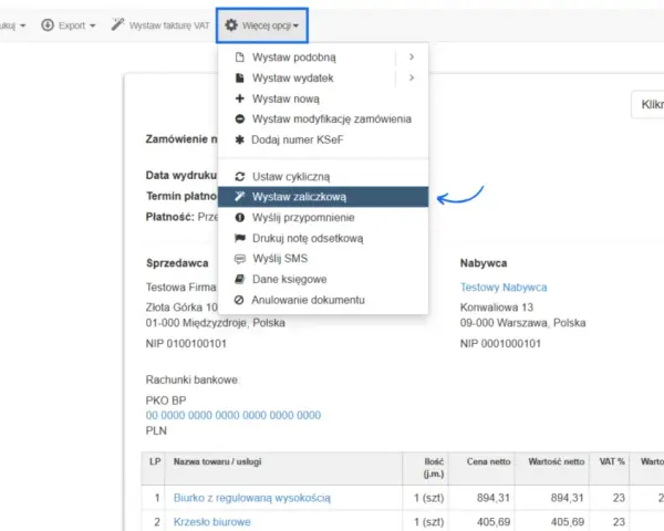 W menu "Więcej opcji" wybrano "Wystaw zaliczkową", co pozwala na utworzenie faktury zaliczkowej.
