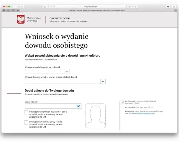 Formularz wniosku o wydanie dowodu osobistego. Można tu dodać zdjęcie do dowodu dla dziecka.