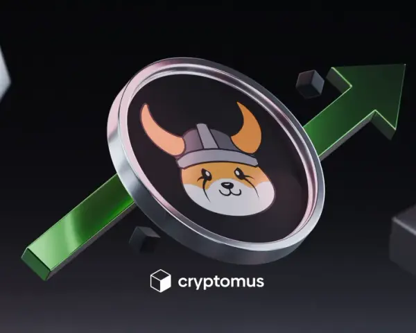 Floki Inu z zieloną strzałką wzrostu, symbolizującą sukces.