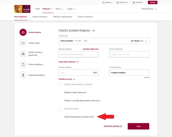 Formularz tworzenia przelewu krajowego. Możliwość wysłania potwierdzenia na e-mail, co jest kluczowe dla dokumentowania transakcji jako dowód wpłaty.