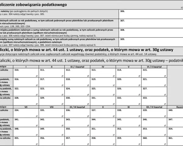 Formularz podatkowy z sekcją K. Obliczenie zobowiązania podatkowego i L. Zaliczki, o których mowa w art. 30g ustawy.
