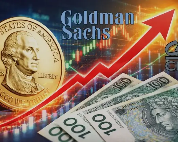 Złoty i dolar na tle wykresu giełdowego. Goldman Sachs analizuje, co z dolarem i polską walutą.