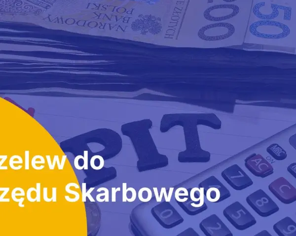 Przelew do Urzędu Skarbowego. Pieniądze, kalkulator i litery "PIT" sugerują, jak zmienić urząd skarbowy, by usprawnić płatności.