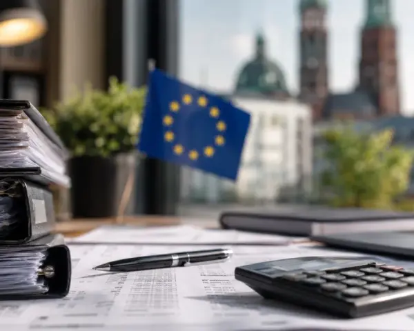 Biurko z dokumentami, kalkulatorem, flagą UE i widokiem na niemieckie miasto. Rozliczenia, księgowość, vat niemcy.