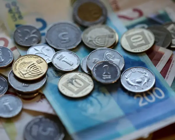Stos monet i banknotów, w tym szekla, tworzy bogactwo na stole.