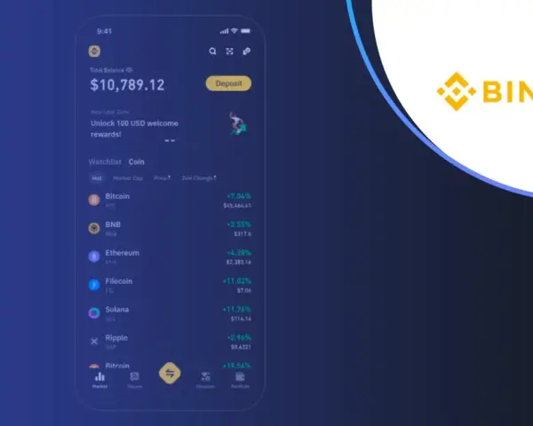Aplikacja Binance pokazuje portfel z saldem $10,789.12, listę kryptowalut, w tym BNB, oraz logo Binance.