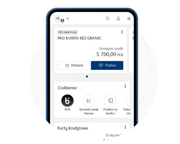 Aplikacja mobilna PKO BP. Widok konta z saldem 5700 PLN. Ikony BLIK, przelewy, historia. Dowiedz się, jak aktywować kartę PKO.