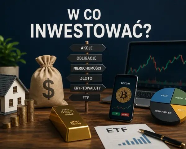 Zastanawiasz się, w co inwestować? Na stole leżą złoto, dom, worek pieniędzy, kryptowaluty i wykresy.
