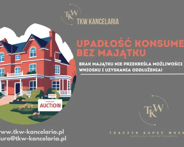 Ilustracja czerwonego domu z werandą i ogrodem, z tabliczką "AUCTION" na trawniku.