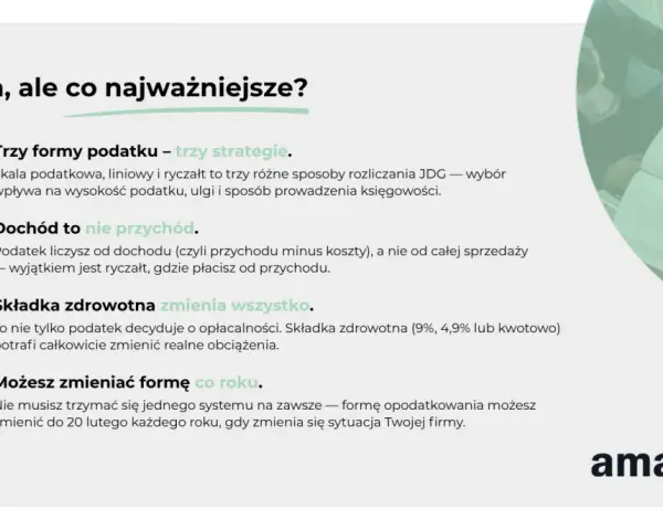 Trzy formy podatku dochodowego: skala, liniowy, ryczałt. Dochód to nie przychód. Składka zdrowotna zmienia wszystko. Możesz zmieniać formę co roku.