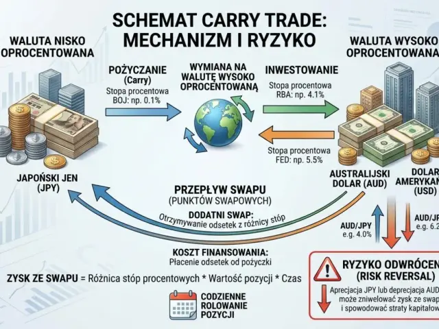 Schemat carry trade: pożyczanie jena (JPY) nisko oprocentowanego, wymiana na walutę wysoko oprocentowaną (AUD/USD), inwestowanie i zysk ze swapu. Ryzyko odwrócenia.