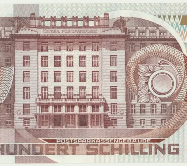 Austriacka waluta przed euro: 500 szylingów z budynkiem Österr. Postsparkasse.