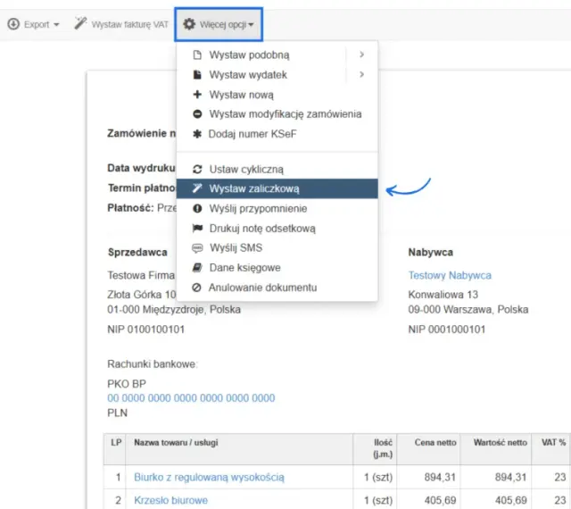 W menu "Więcej opcji" wybrano "Wystaw zaliczkową", co pozwala na utworzenie faktury zaliczkowej.