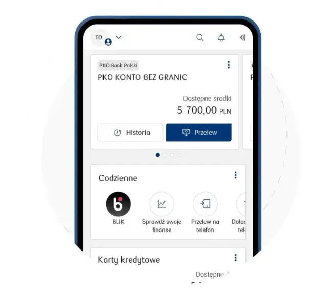 Aplikacja mobilna PKO BP. Widok konta z saldem 5700 PLN. Ikony BLIK, przelewy, historia. Dowiedz się, jak aktywować kartę PKO.