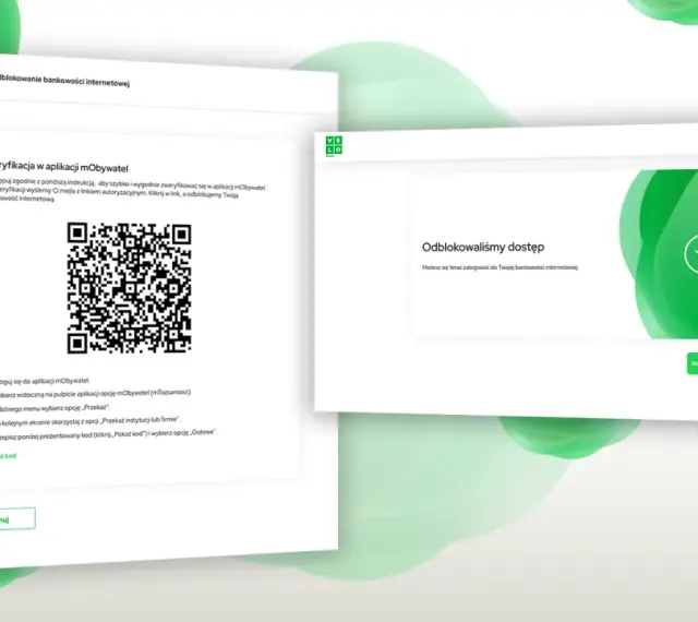 Proces weryfikacji w aplikacji mObywatel dla velobank aplikacja. Po udanej weryfikacji odblokowano dostęp do bankowości internetowej.